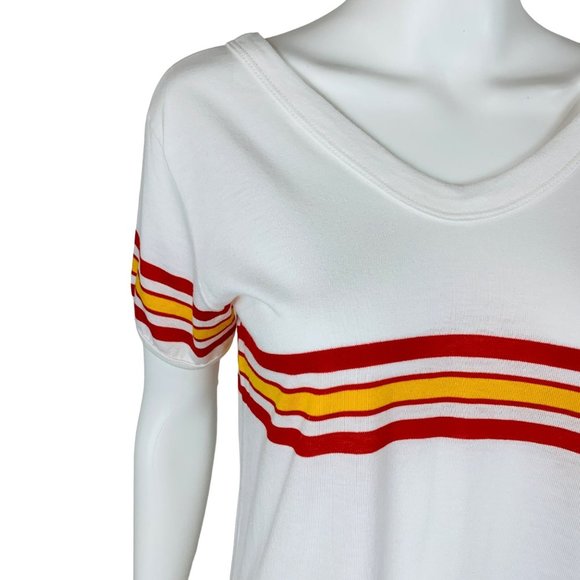 Vintage 70s Red Yellow Striped Tunic Tee V-neck T-Shirt B 37" - Picture 4 of 11